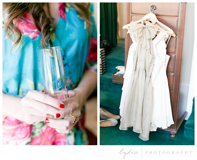 Champagne and mismatched bridesmaids' dresses at a garden wedding at Schrammsberg Estate in Grass Valley, California