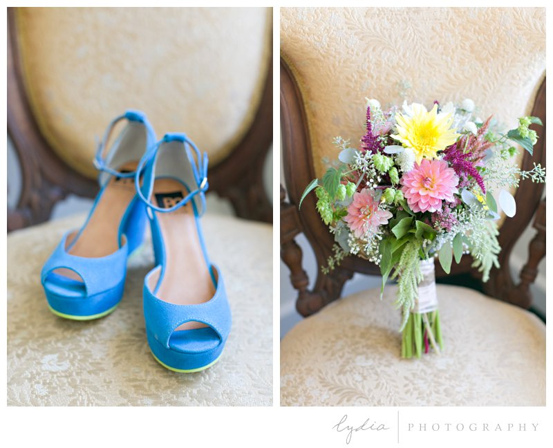 Bride's blue wedge shoes and bouquet at a garden wedding at Schrammsberg Estate in Grass Valley, California