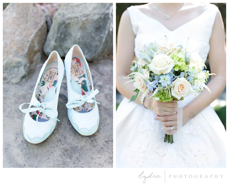Bride's blue heel shoes and flower bouquet for a garden wedding at Roth Estate, in Grass Valley, California