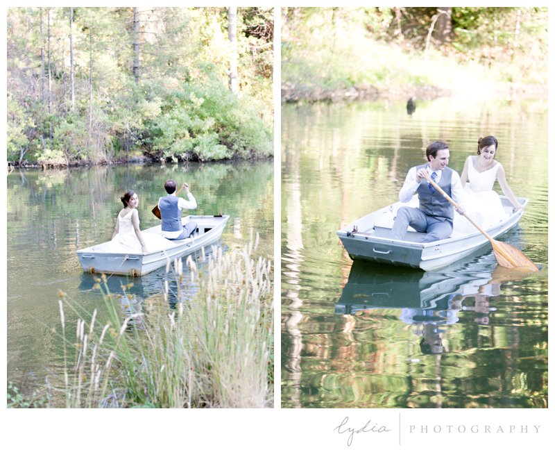 Bride and groom in a boat for a garden wedding at Roth Estate, in Grass Valley, California 