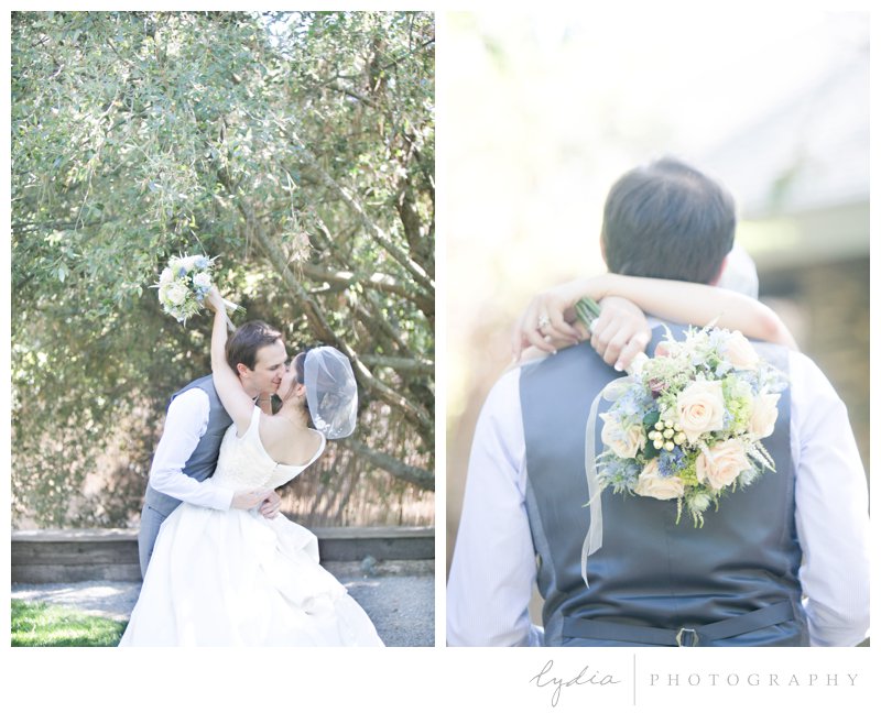 Bride and groom kiss for a garden wedding at Roth Estate, in Grass Valley, California 