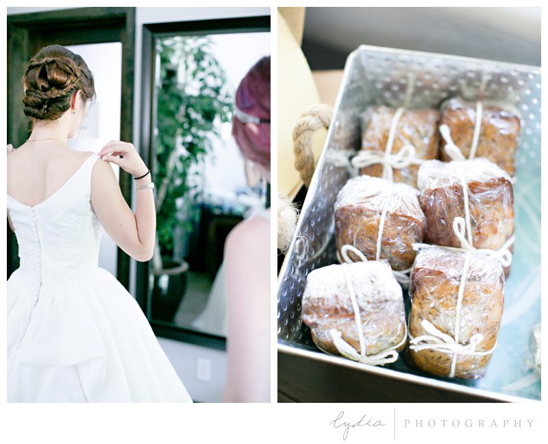Bride getting ready and poppy seed bread for a garden wedding at Roth Estate, in Grass Valley, California 