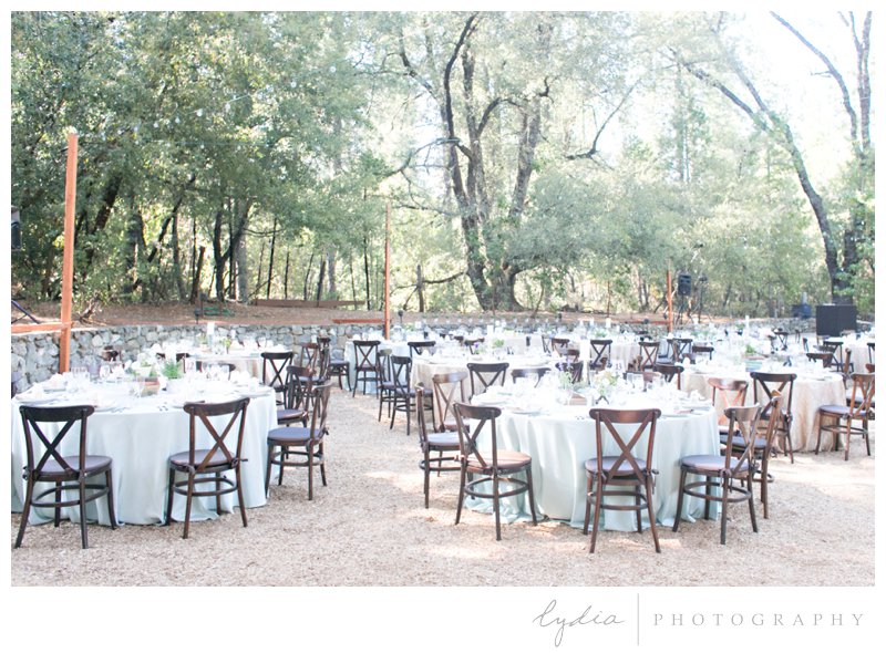 Reception tables for a garden wedding at Roth Estate, in Grass Valley, California 