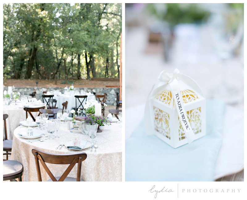 Table decor for the reception for a garden wedding at Roth Estate, in Grass Valley, California 