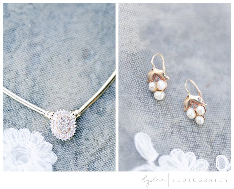 Bride's vintage necklace and earings for a garden wedding at Roth Estate, in Grass Valley, California 