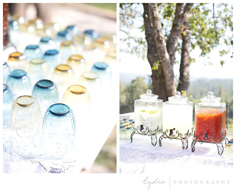 Vintage glasses for a vintage wedding at Lucchesi Vineyards in Grass Valley, California.