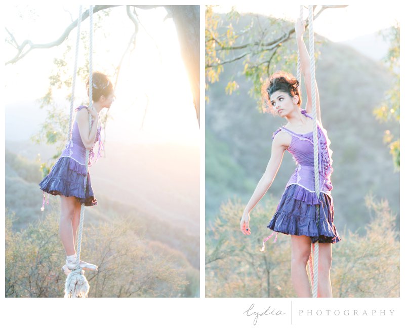 Ballerina on a rope swing at sunset for ballet pictures at Knapp's Castle in Santa Barbara, California.