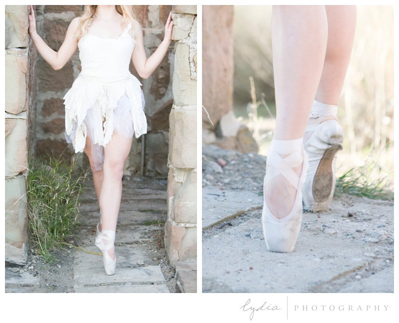 Ballerina and her pointshoes for a ballet pictures at Knapp's Castle in Santa Barbara, California.