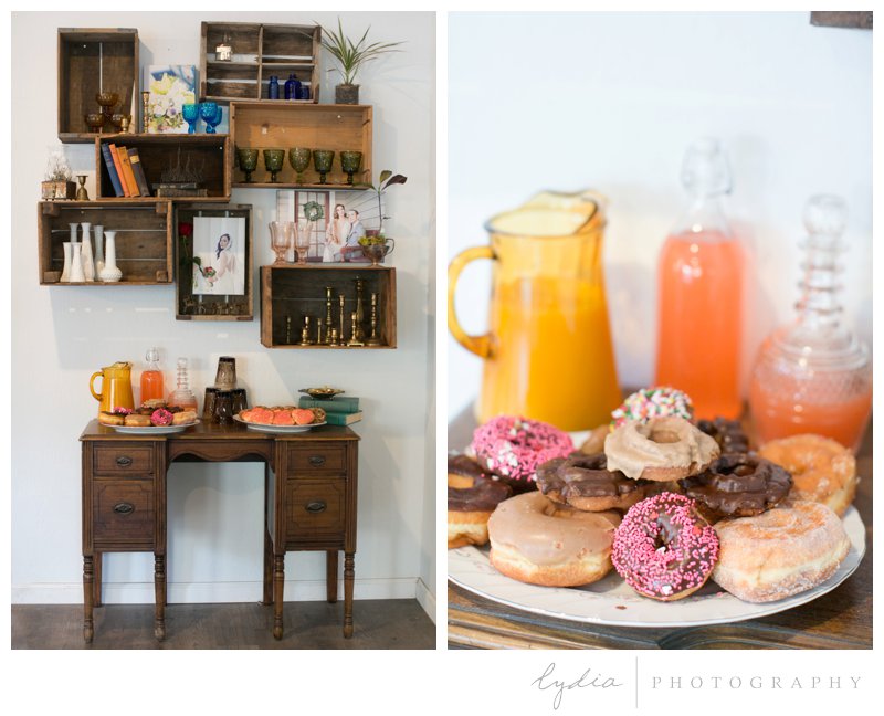 A breakfast brunch of donuts and juice for Good Day Sacramento Valentine's Day wedding in Grass Valley, California.