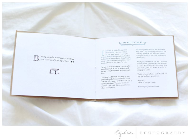 Letterpress keepsake story guide for wedding heirloom box for brides and grooms' pictures in California.