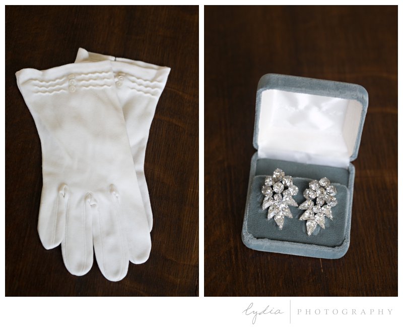 Gloves and antique jeweled earrings for western author pictures at a Victorian house in Grass Valley, California.