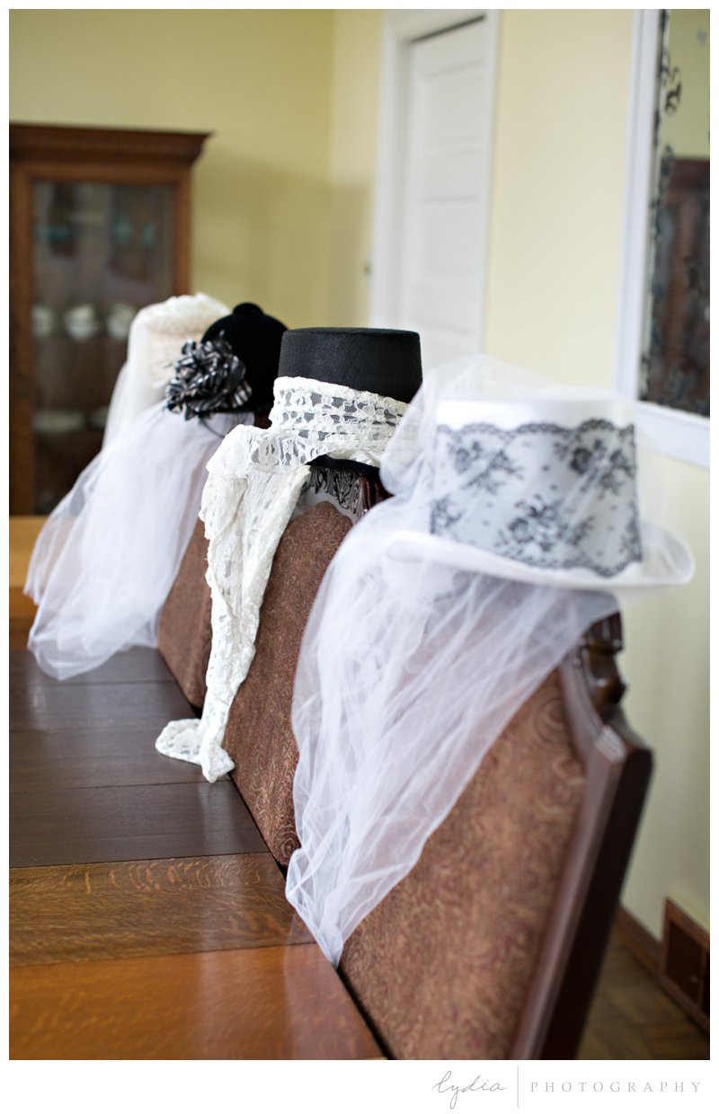 Veiled hats for western author pictures at a Victorian house in Grass Valley, California.