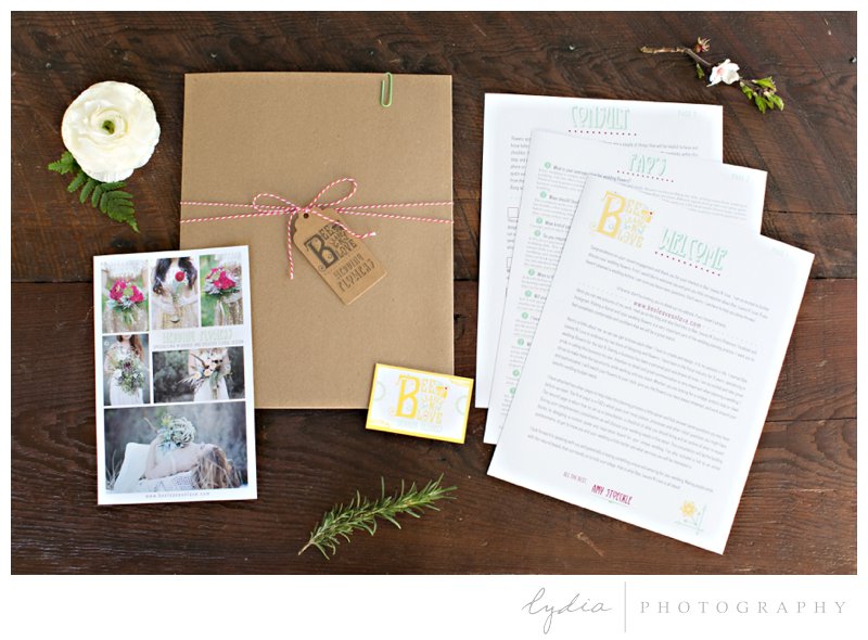 Paperie and branding new client welcome set for Wedding flowers with Bee, Leaves N' Love in Grass Valley, California.
