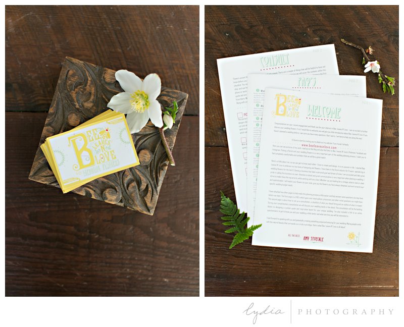 Business cards and faq for Wedding flowers with Bee, Leaves N' Love in Grass Valley, California.