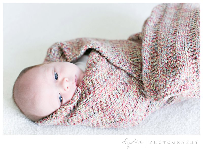 Baby wrapped up in a blanket for a lifestyle newborn photography in Napa, California
