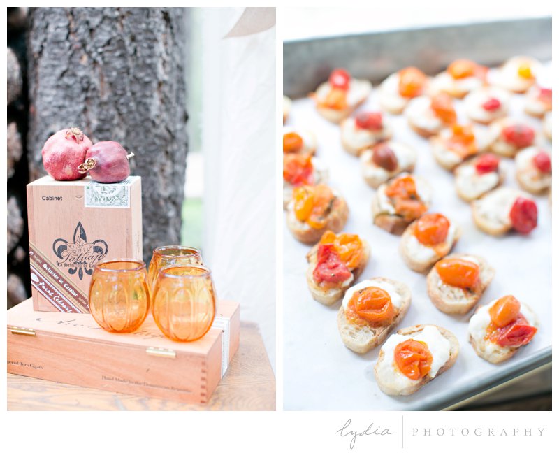 Appetizers for a forest barn wedding in Grass Valley, California.