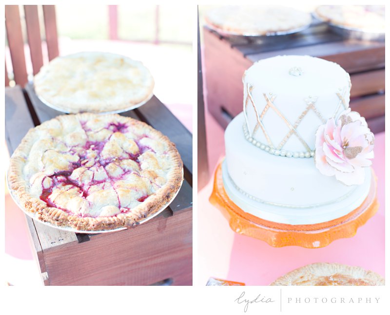 Wedding cake and pies at North Star House wedding in Grass Valley, California. 