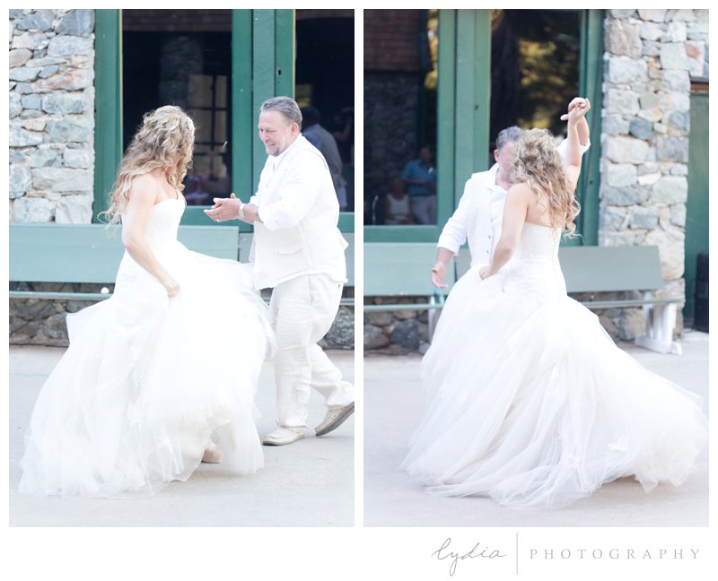 Bride and father dancing at North Star House wedding in Grass Valley, California. 
