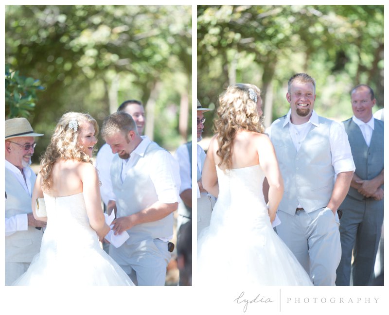 Bride and groom laughing at North Star House wedding in Grass Valley, California. 