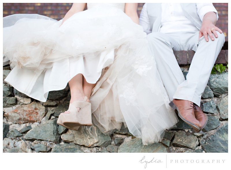 Bride and groom's shoes at North Star House wedding in Grass Valley, California. 