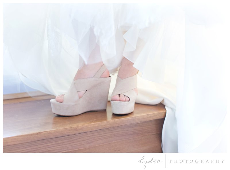 Bride's shoes at Lamb's Victorian Inn wedding in Grass Valley, California. 