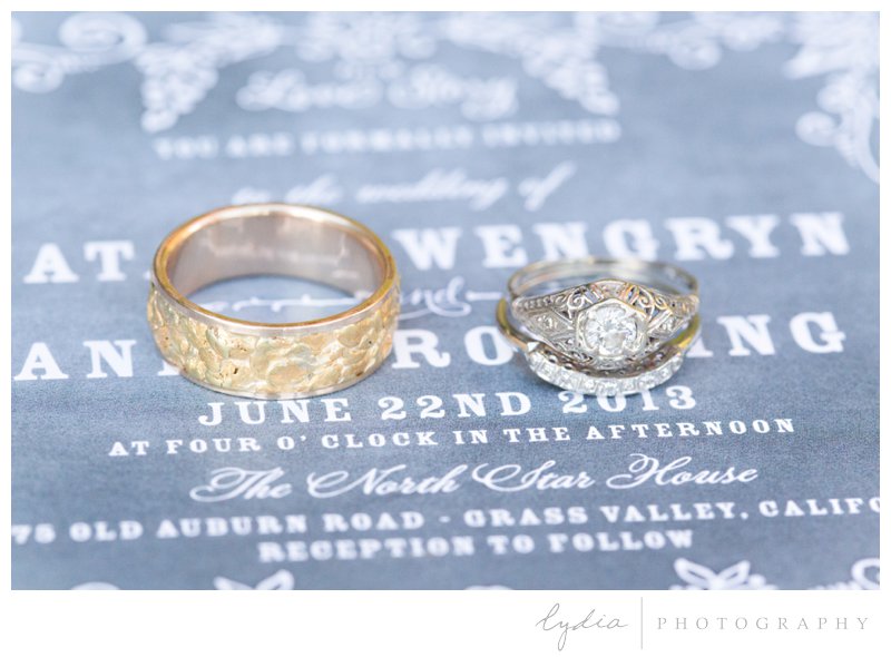 Bride and groom's rings at Lamb's Victorian Inn wedding in Grass Valley, California. 