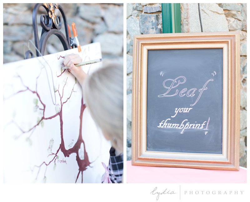 Leaf tree thumbprint guest book idea at North Star House wedding in Grass Valley, California. 