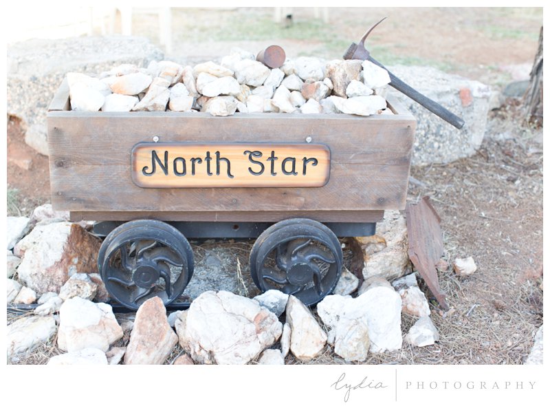 North Star wagon sign at North Star House wedding in Grass Valley, California. 