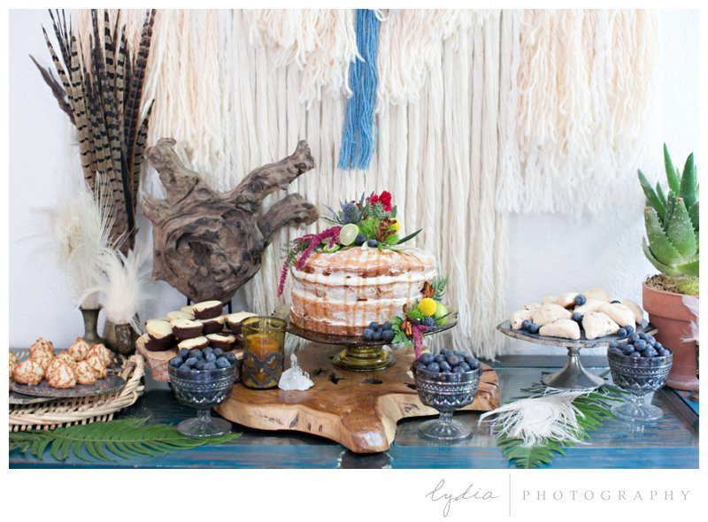 Appetizer decoration and wedding naked cake at southwest boho wedding inspiration in Grass Valley, California.