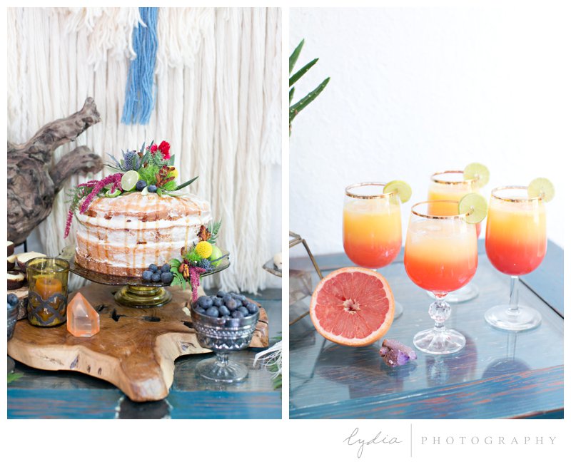 Naked cake and punch at southwest boho wedding inspiration in Grass Valley, California.