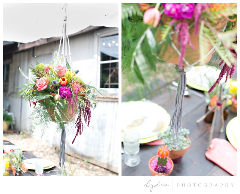 Flowers in a pot hanging decorations at southwest boho wedding inspiration in Grass Valley, California.