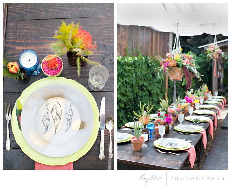 Table and plate decor at southwest boho wedding inspiration in Grass Valley, California.