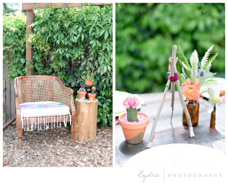 Chair decor and stick tepee decoration at southwest boho wedding inspiration in Grass Valley, California.