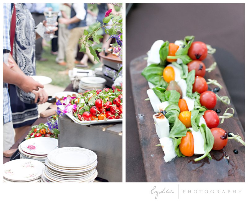 Appetizers on vintage plates at Grass Valley garden wedding in Chicago Park, California.