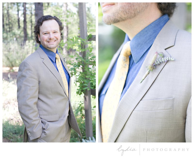 Groom with boutonniere at rustic garden wedding in Chicago Park, California.
