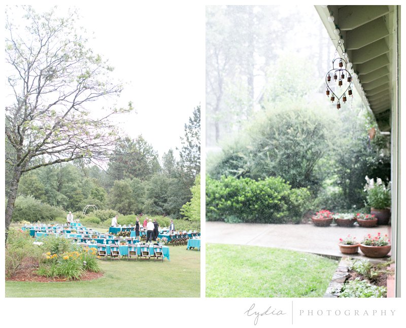 Pouring rain at rustic garden wedding in Chicago Park, California.