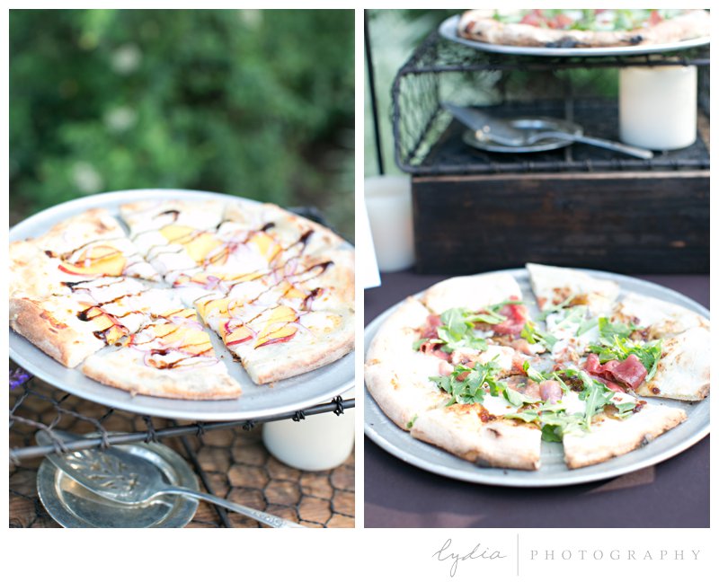 Woodfired pizza at Grass Valley garden wedding in Chicago Park, California.