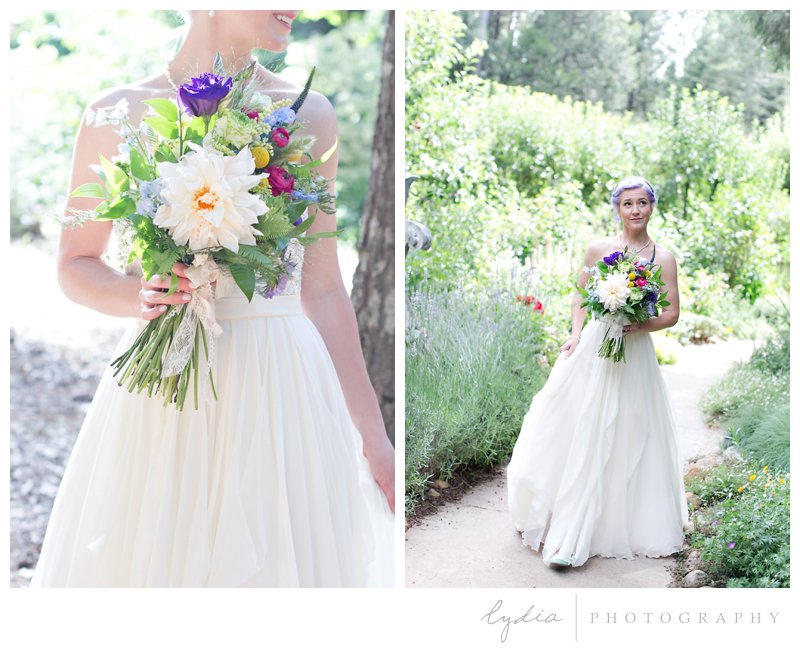 Bride walking down with bouquet at Harmony Ridge Lodge wedding in Grass Valley, California.