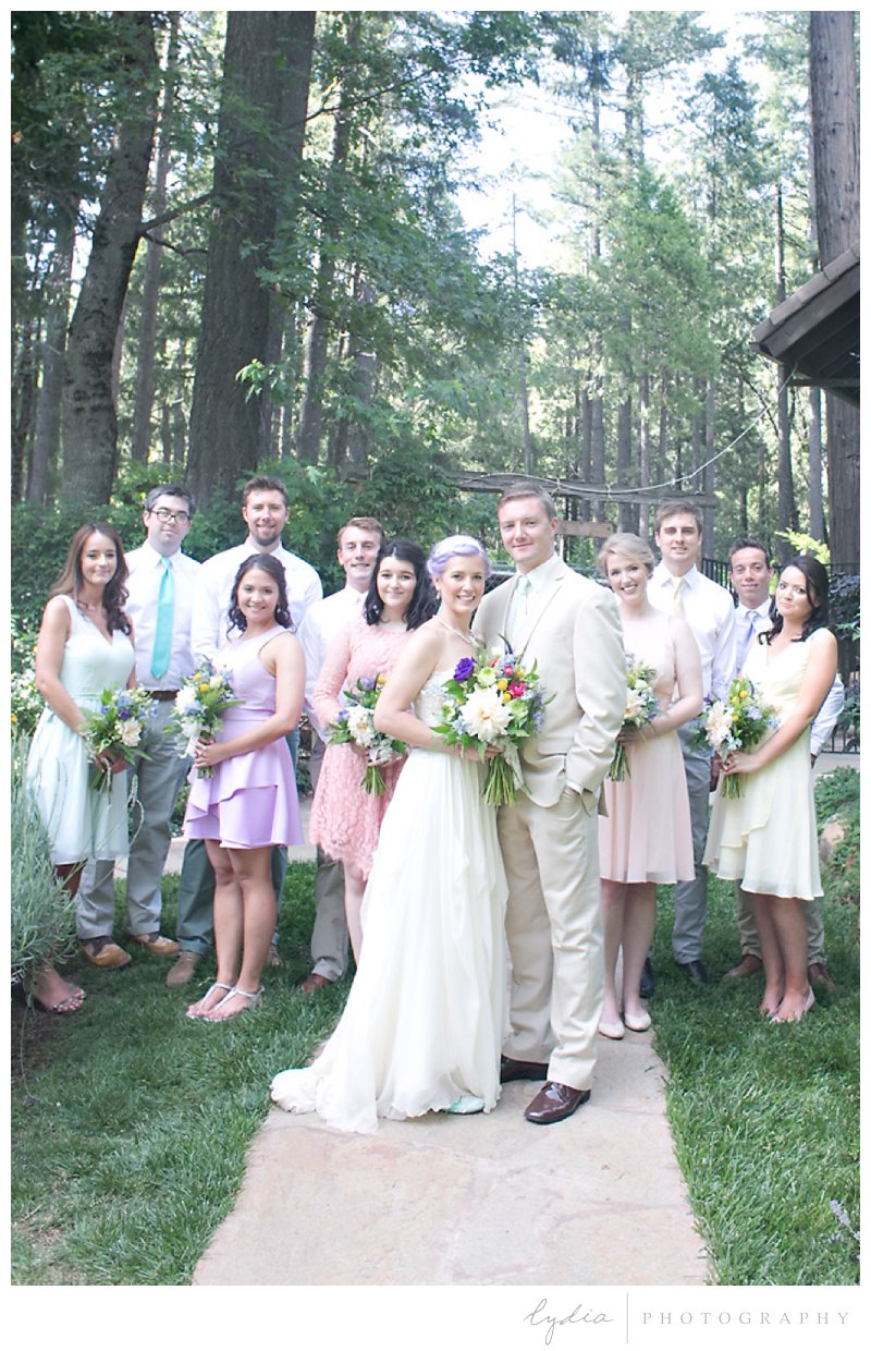 Bride and groom with wedding party at Harmony Ridge Lodge in Grass Valley, California.