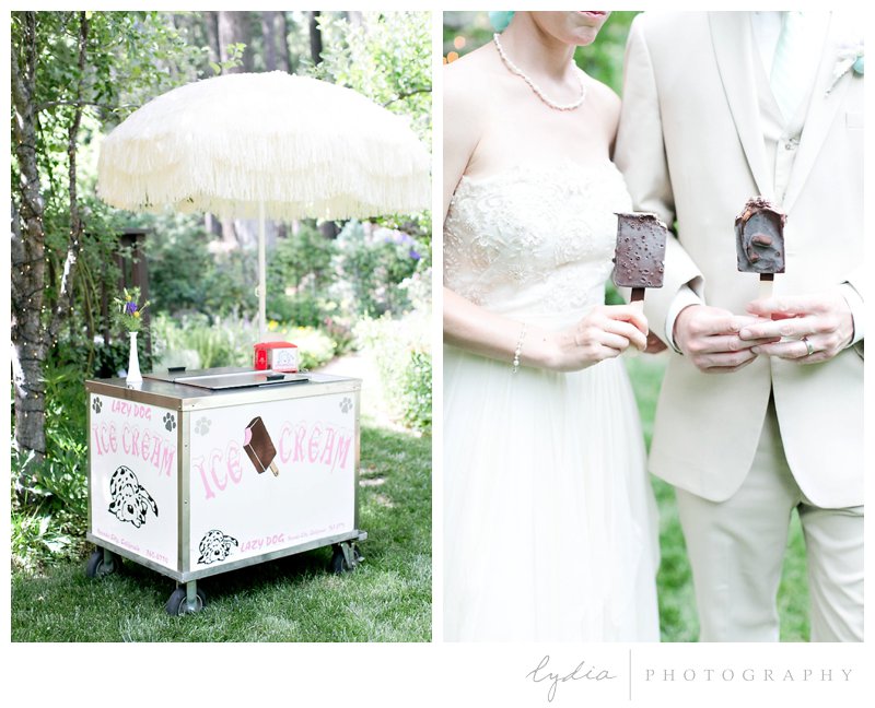 Lazy Dog icre cream cart and bride and groom at Harmony Ridge Lodge wedding in Grass Valley, California.