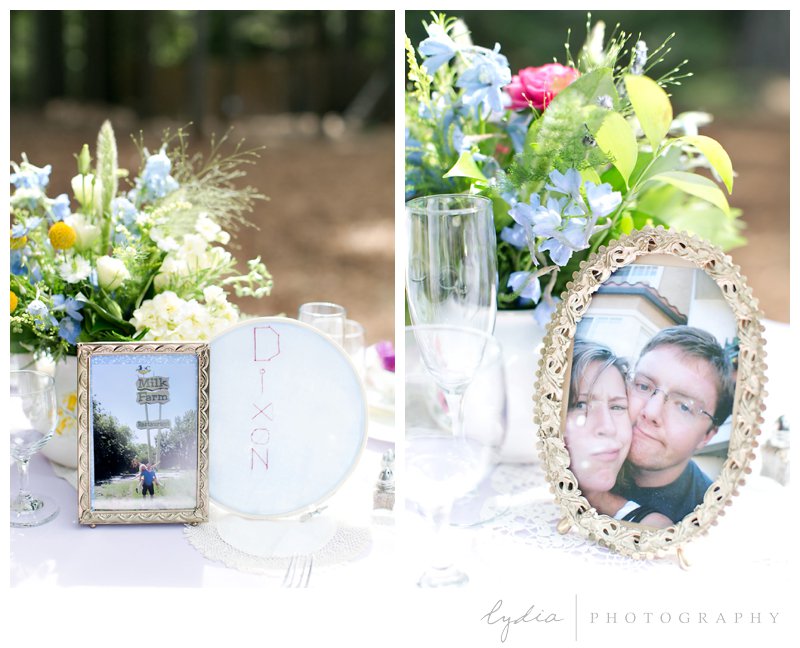 Pictures of the bride and groom on the tables at Harmony Ridge Lodge in Grass Valley, California.