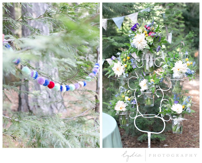 Tree decoration and bouquets in a bouquet holder at Harmony Ridge Lodge wedding in Grass Valley, California.