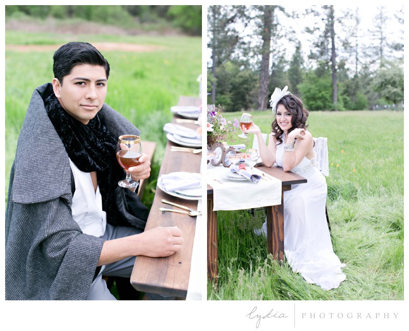 Groom and bride at reception at French Country wedding at North Star House in Grass Valley, California.