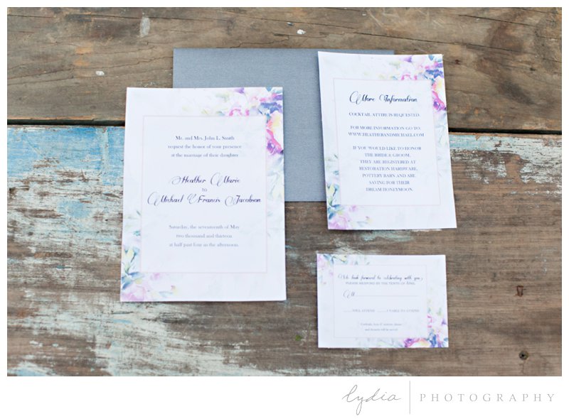 Watercolor floral invitation suite at French Countryside wedding at North Star House in Grass Valley, California.