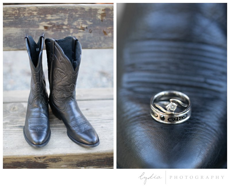 Rings on cowboy boots for a modern wedding at Empire Mine in Grass Valley, California.