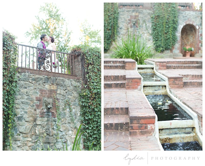 Bride and groom on a bridge for a modern wedding at Empire Mine in Grass Valley, California.