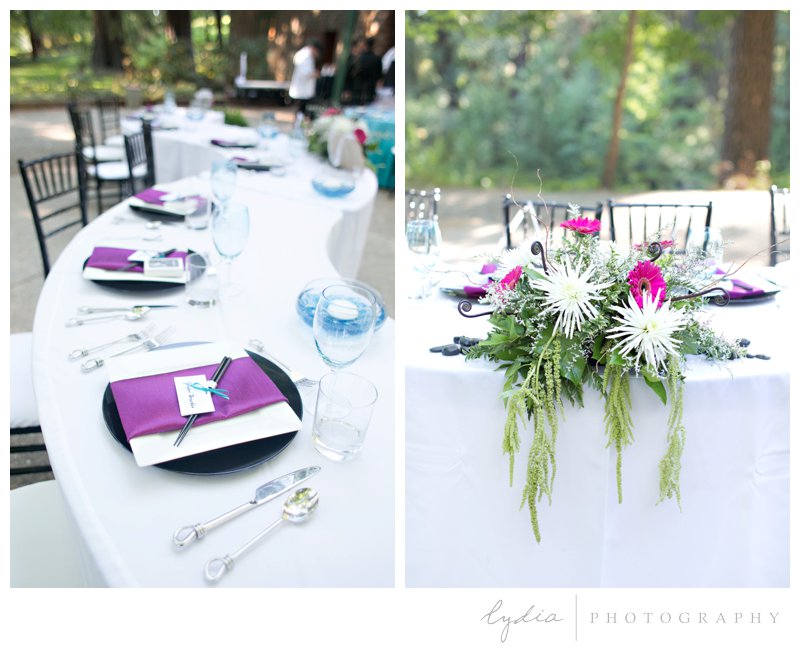 Table decorations for a modern wedding at Empire Mine in Grass Valley, California.