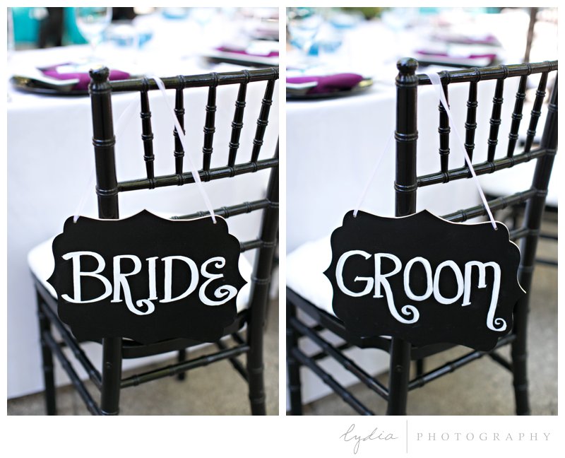 Bride and groom chair signs for a modern wedding at Empire Mine in Grass Valley, California.