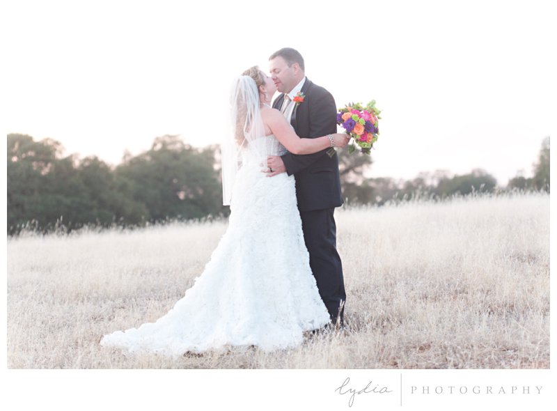 Bride and groom kiss in a field for a summer wedding in Browns Valley, California.