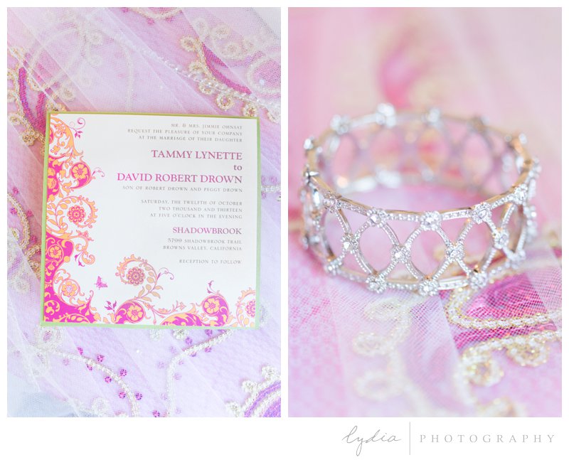 Invitation and bracelet for bright colored wedding in Browns Valley, California.